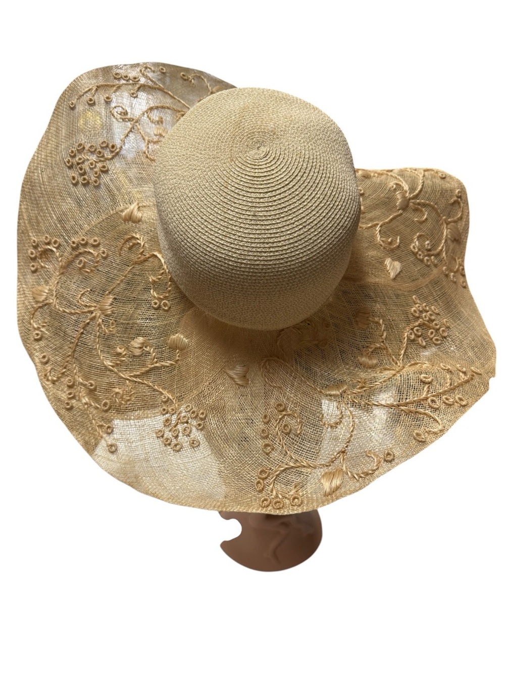 Eric Javits GUAPA Lace-Trim Wide Brim Embroidered Straw Sun Hat - Cream 21” - Picture 5 of 10